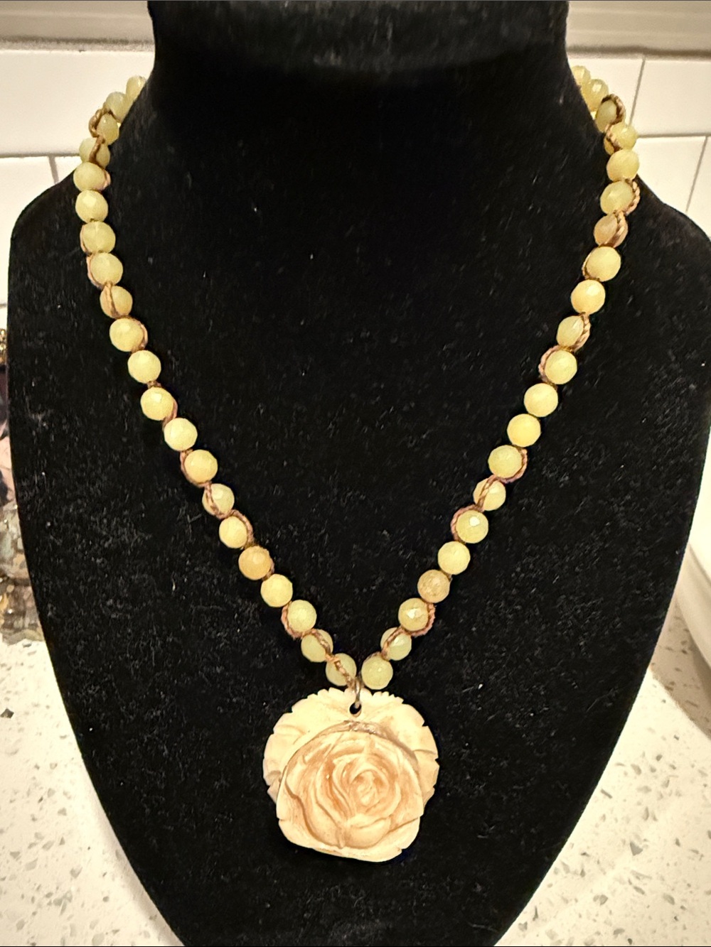 Chan Luu Carved Rose Pendant Green Beaded Necklace Boho Artisan